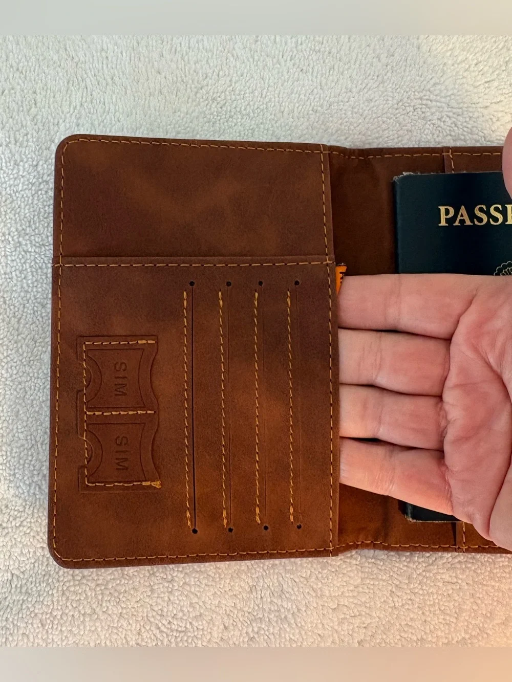 NEW Brown Vegan Leather Slim Passport Holder RFID Blocking Embossed 7 pocket
